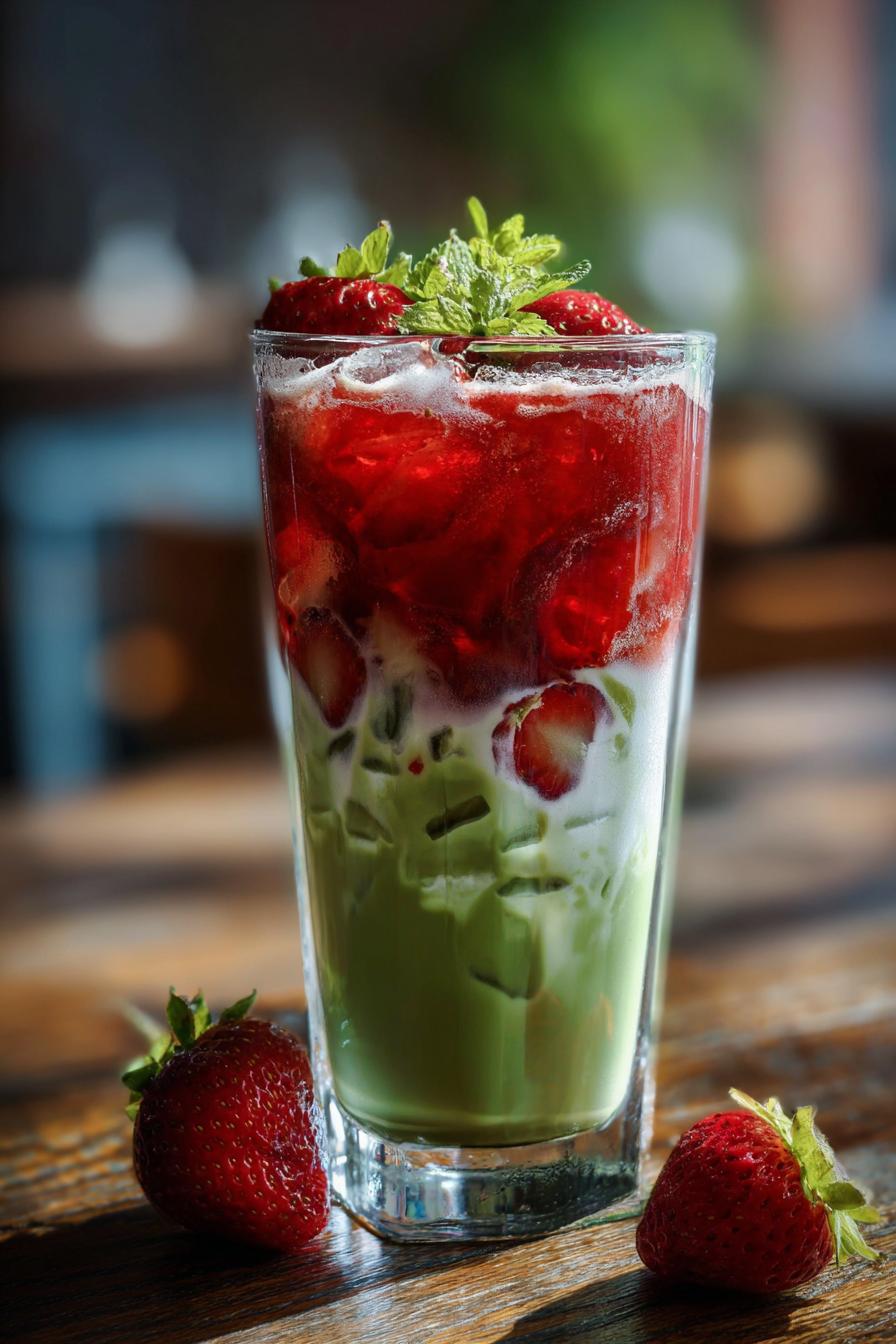 Erfrischender eisgekühlter Erdbeer-Matcha-Latte - detail 1