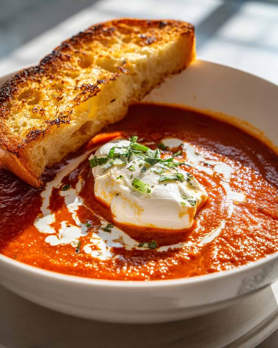 Ofengeröstete Tomatensuppe mit Burrata und Knoblauchbrot - detail 1
