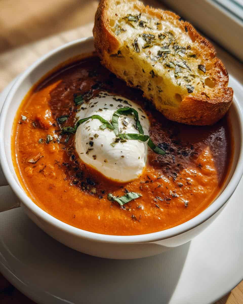 Ofengeröstete Tomatensuppe mit Burrata und Knoblauchbrot - detail 3