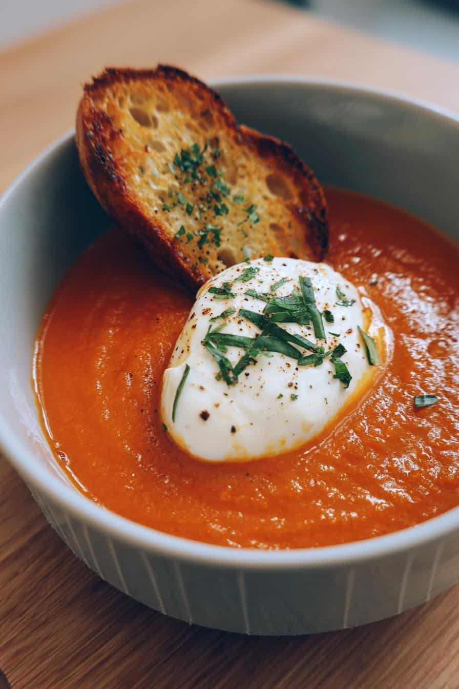 Ofengeröstete Tomatensuppe mit Burrata und Knoblauchbrot