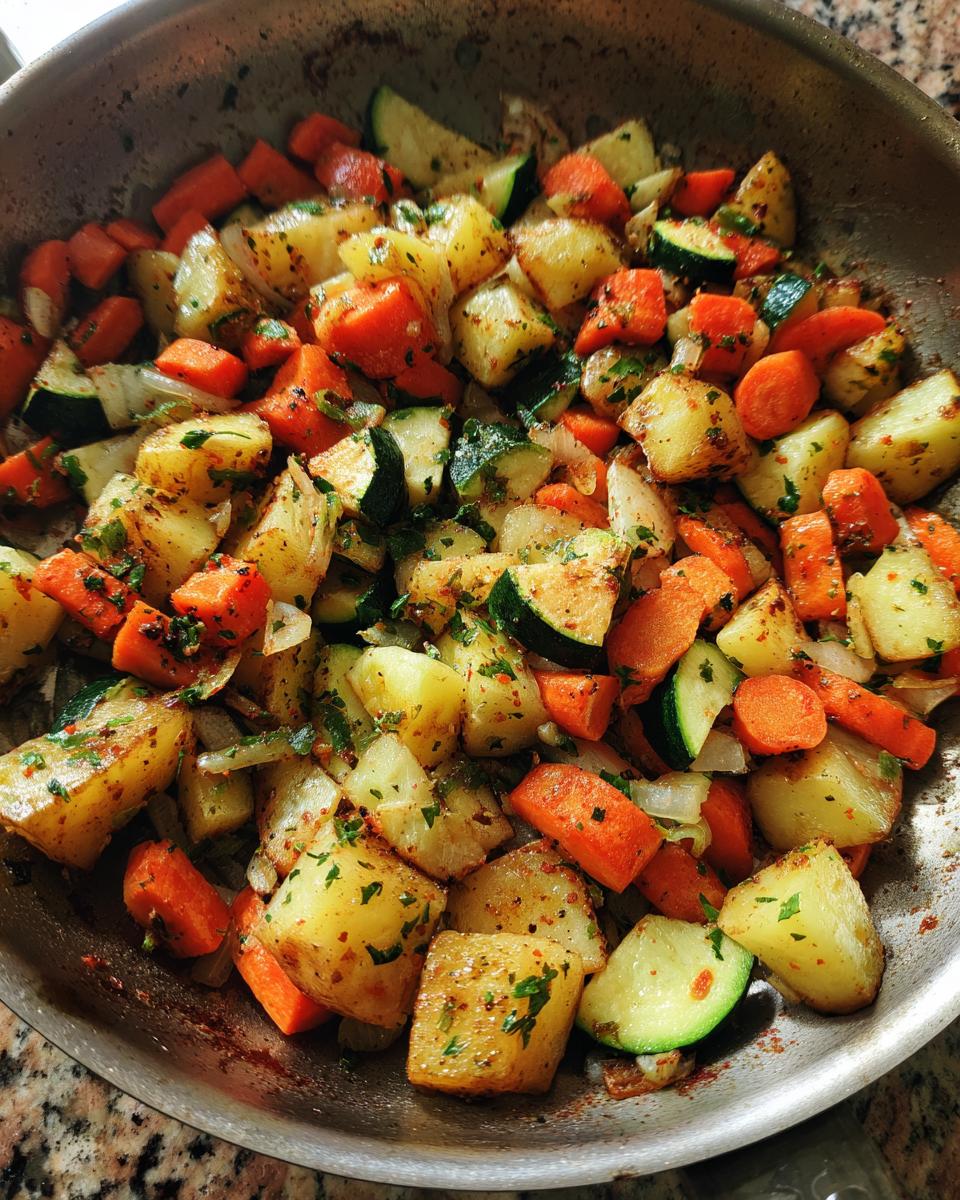 Schnelle Gemüsepfanne mit Kartoffeln, Karotten & Zucchini - detail 1