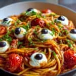 Blutige Spaghetti mit Mozzarella Augen