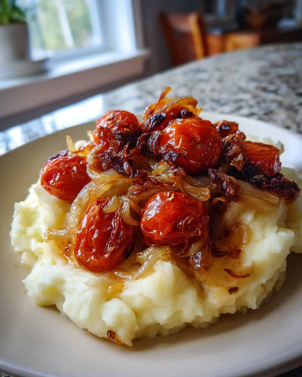 Perfekte Karamellzwiebeln auf Cremigem Püree & Süßen Ofentomaten - detail 1