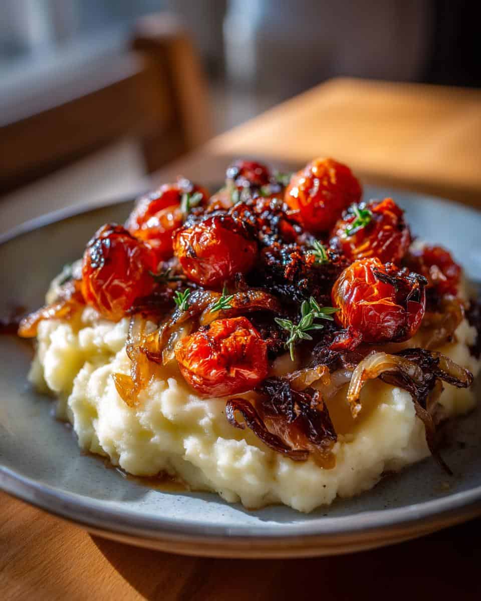 Perfekte Karamellzwiebeln auf Cremigem Püree & Süßen Ofentomaten - detail 2