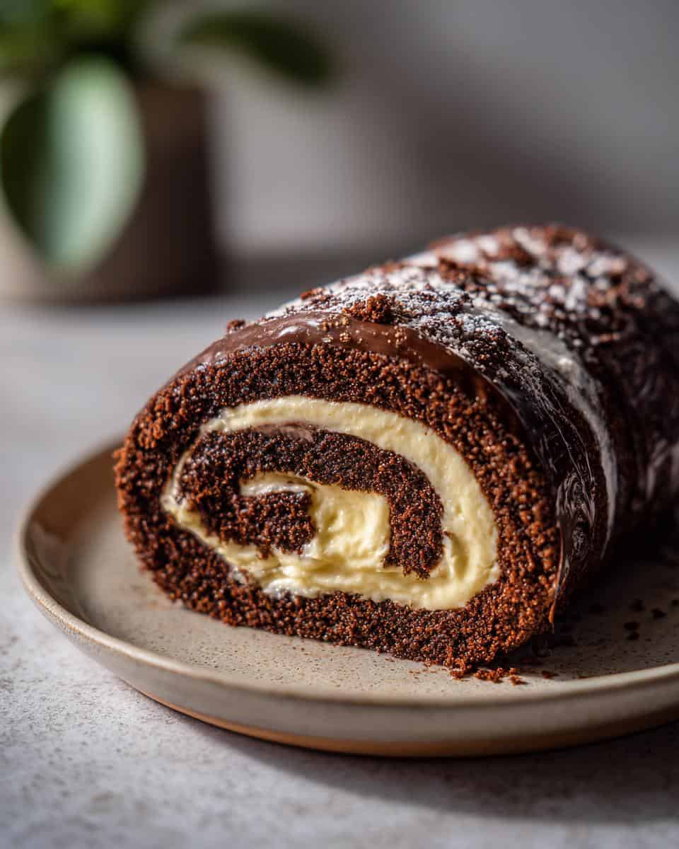 Perfekte Schokoladen-Biskuitrolle mit Doppelcreme - detail 1