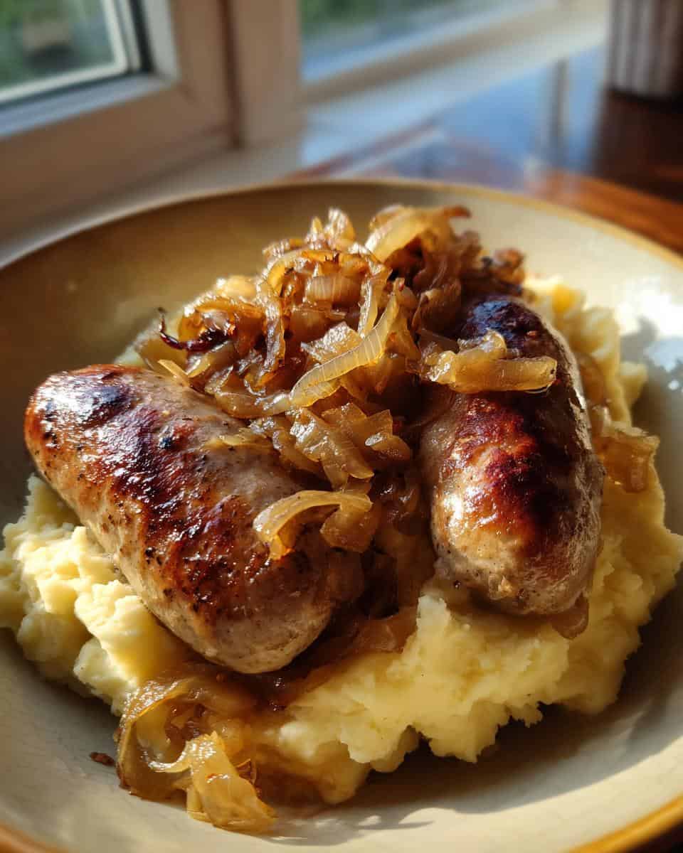 Saftige Bratwürste auf cremigem Püree mit karamellisierten Zwiebeln - detail 1