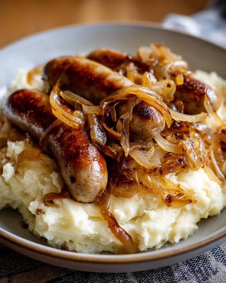 Saftige Bratwürste auf cremigem Püree mit karamellisierten Zwiebeln - detail 3