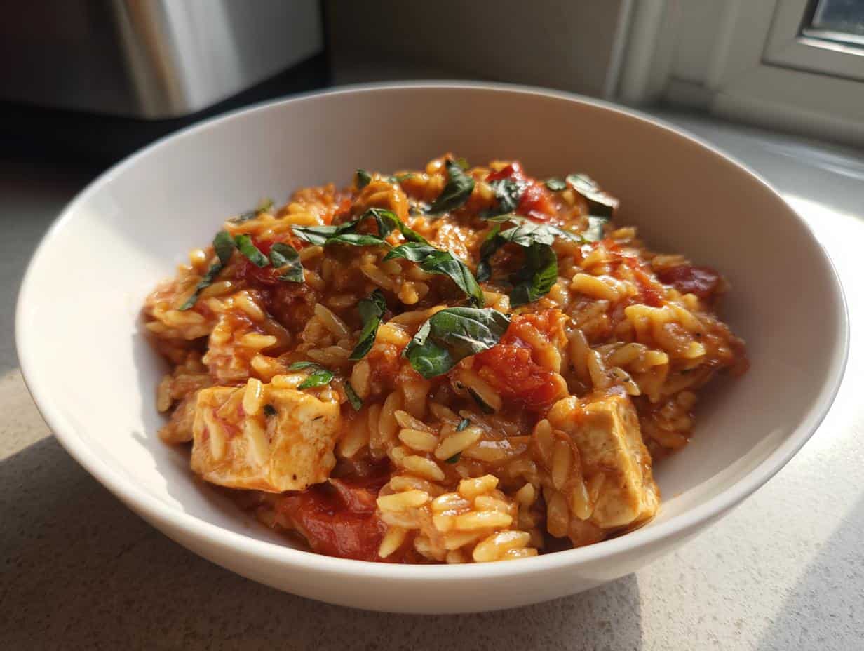 Verführerisch: Tomaten Orzo mit Tofu in unter 40 Min