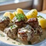 Zarte Klopse in Rahmsauce mit Kartoffeln