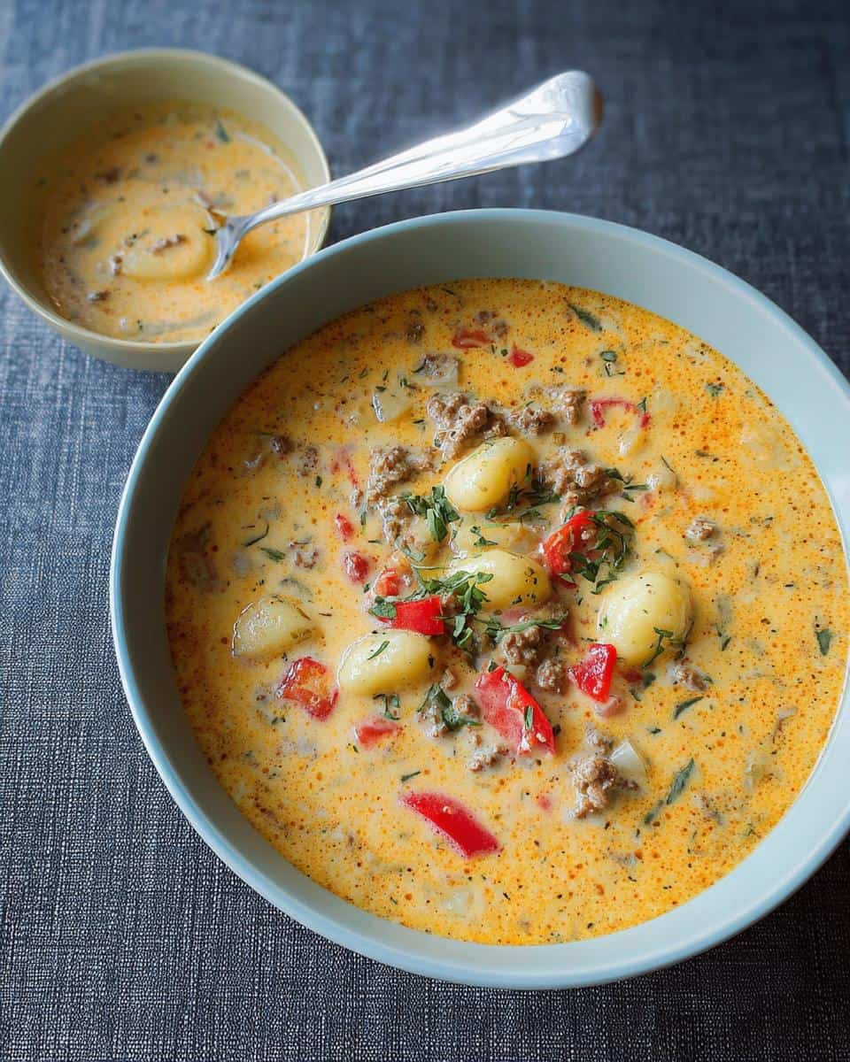 Cremige Käse-Paprika-Suppe mit Hackfleisch und Gnocchi - detail 1