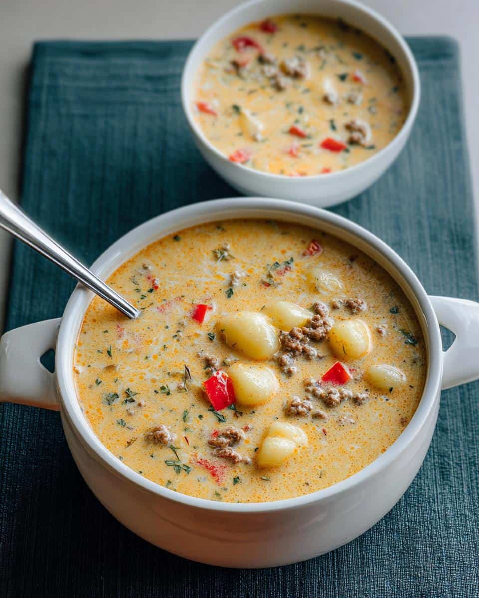 Cremige Käse Paprika Suppe mit Hackfleisch und Gnocchi - detail 1