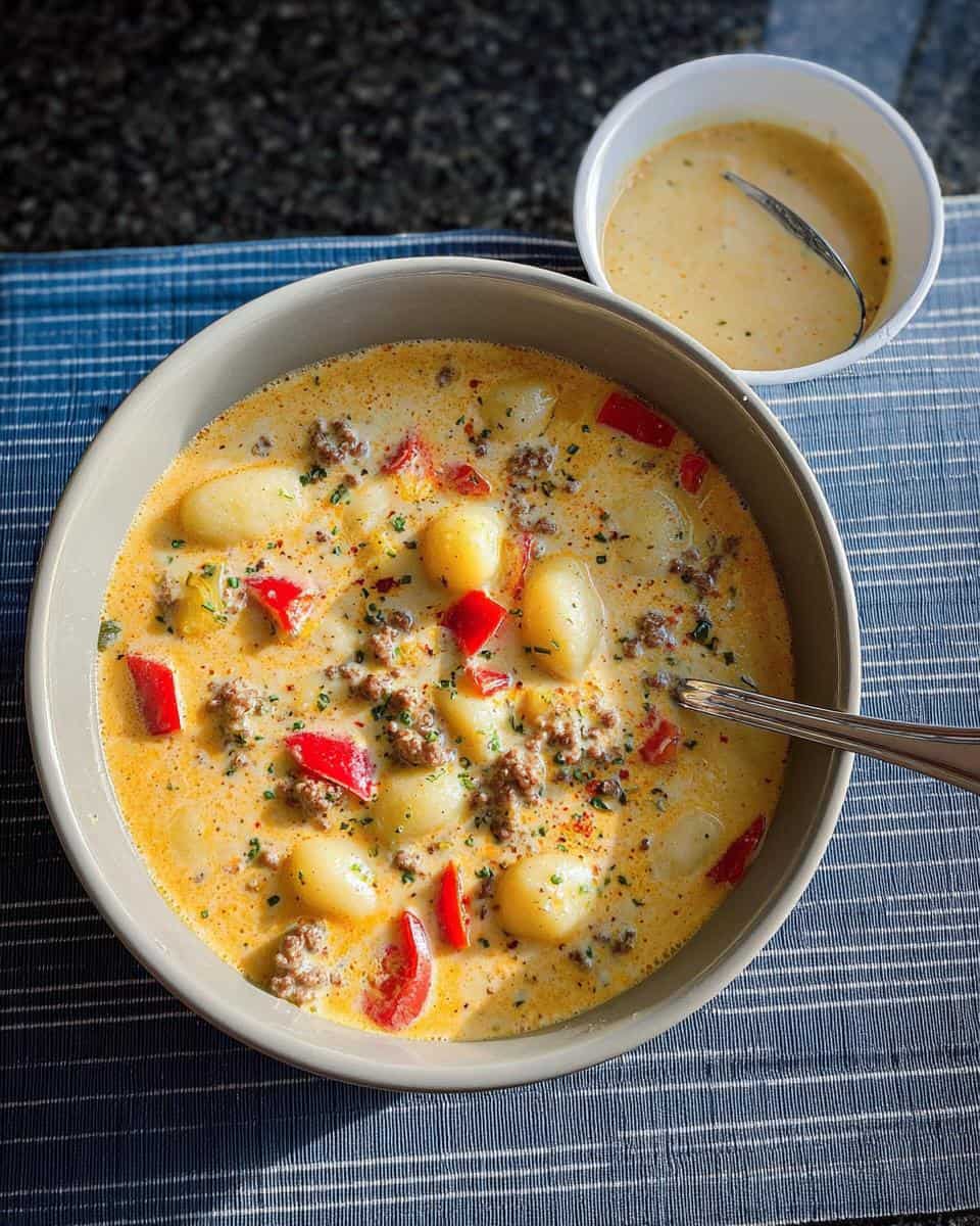 Cremige Käse-Paprika-Suppe mit Hackfleisch und Gnocchi - detail 2