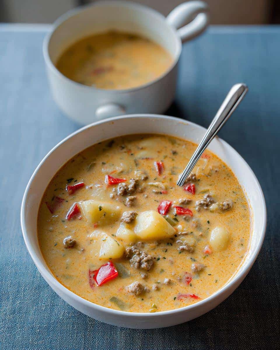 Cremige Käse Paprika Suppe mit Hackfleisch und Gnocchi - detail 2