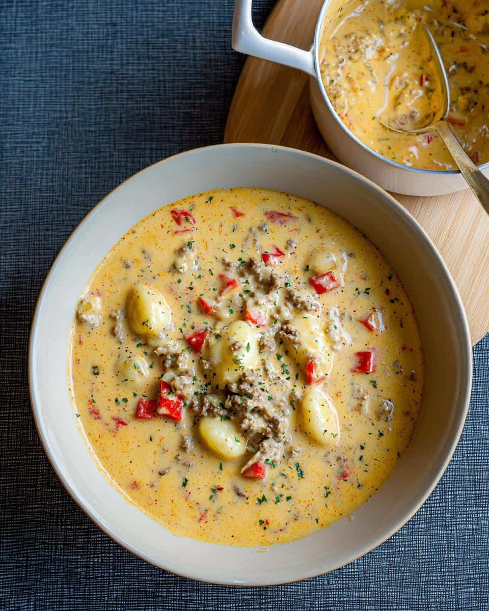 Cremige Käse-Paprika-Suppe mit Hackfleisch und Gnocchi - detail 3
