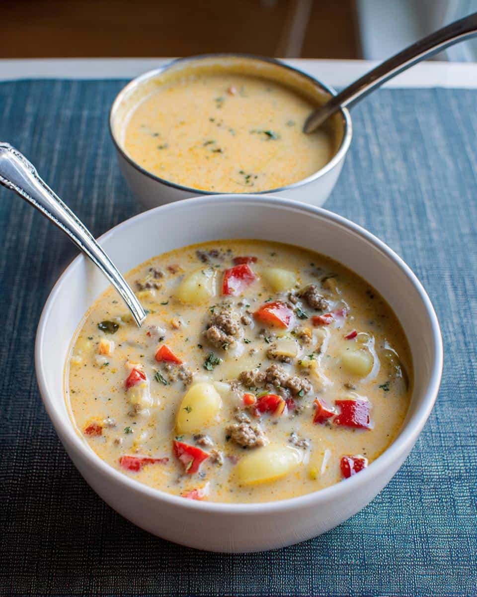Cremige Käse Paprika Suppe mit Hackfleisch und Gnocchi - detail 3