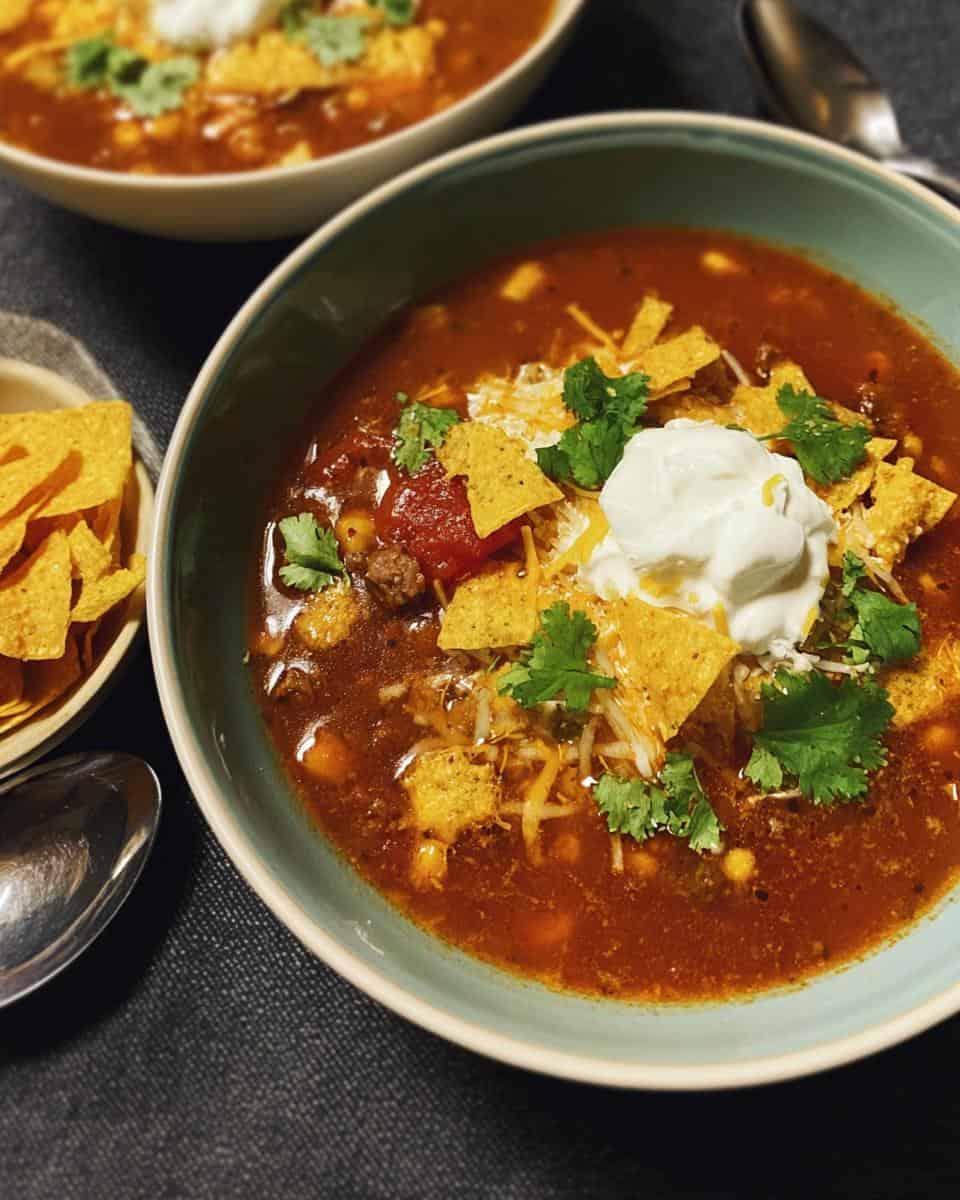 Einfache Taco Suppe mit Hackfleisch und Tortilla Chips - detail 1