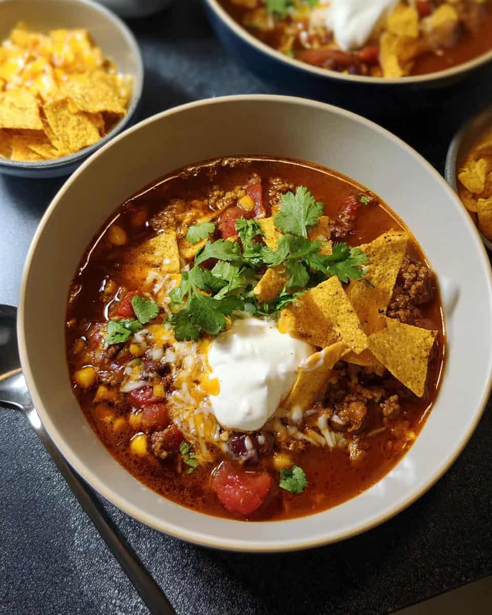 Einfache Taco Suppe mit Hackfleisch und Tortilla Chips - detail 2
