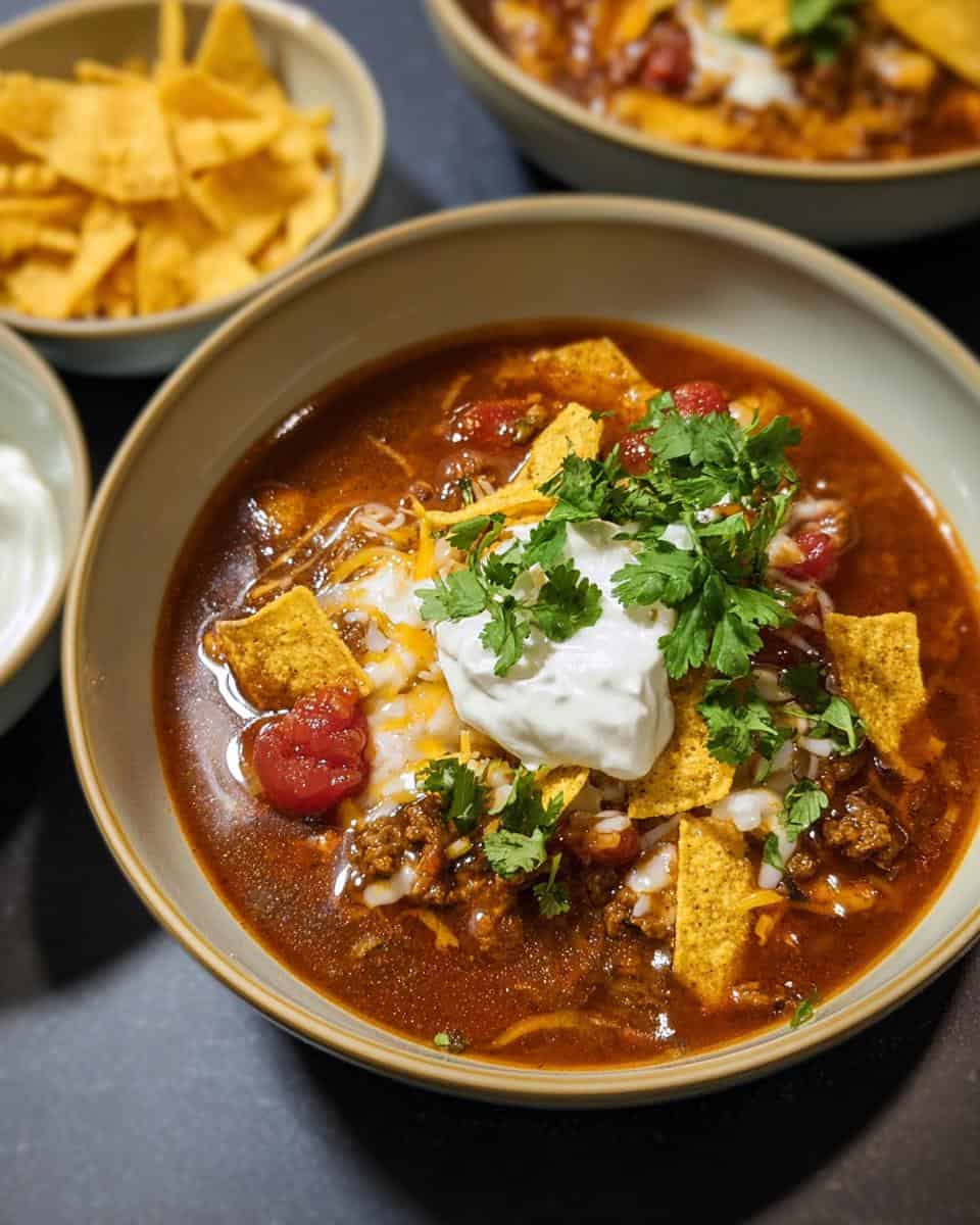 Einfache Taco Suppe mit Hackfleisch und Tortilla Chips - detail 3