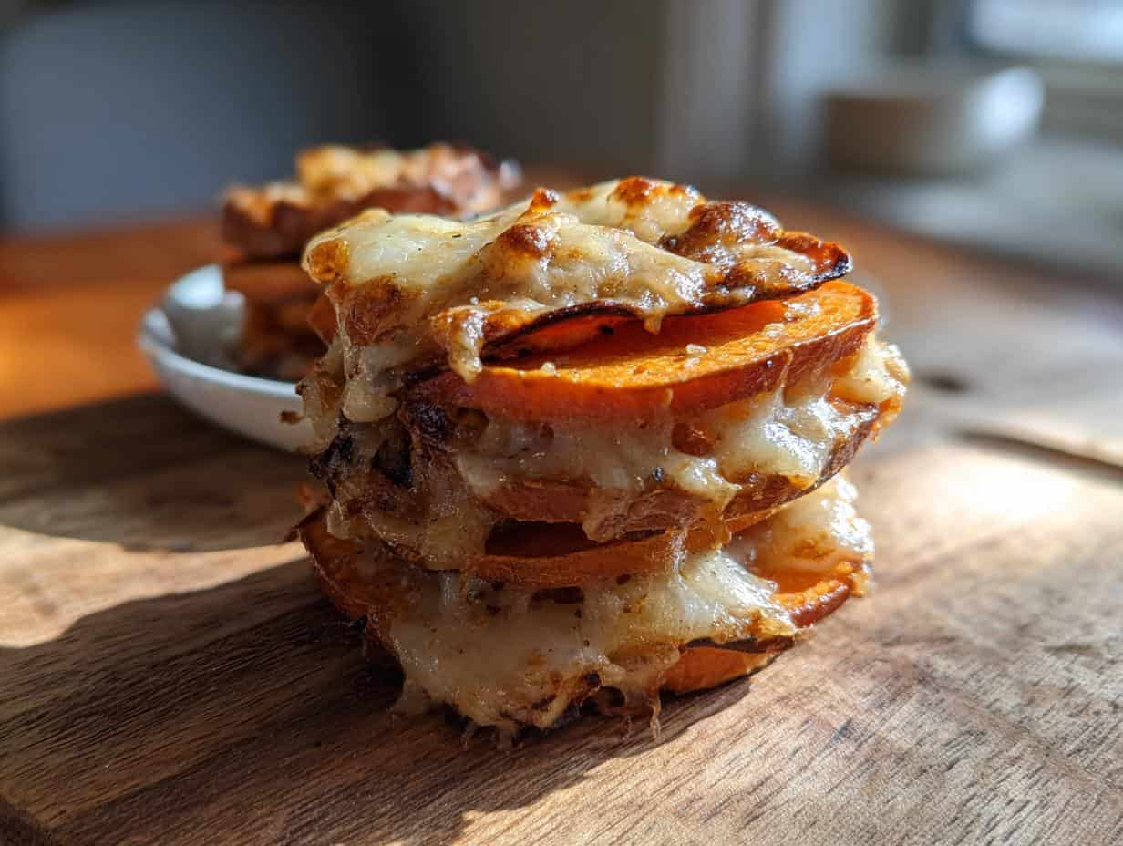 Kaesige Gruyere Suesskartoffel Stacks: 4 Zutaten Wunder