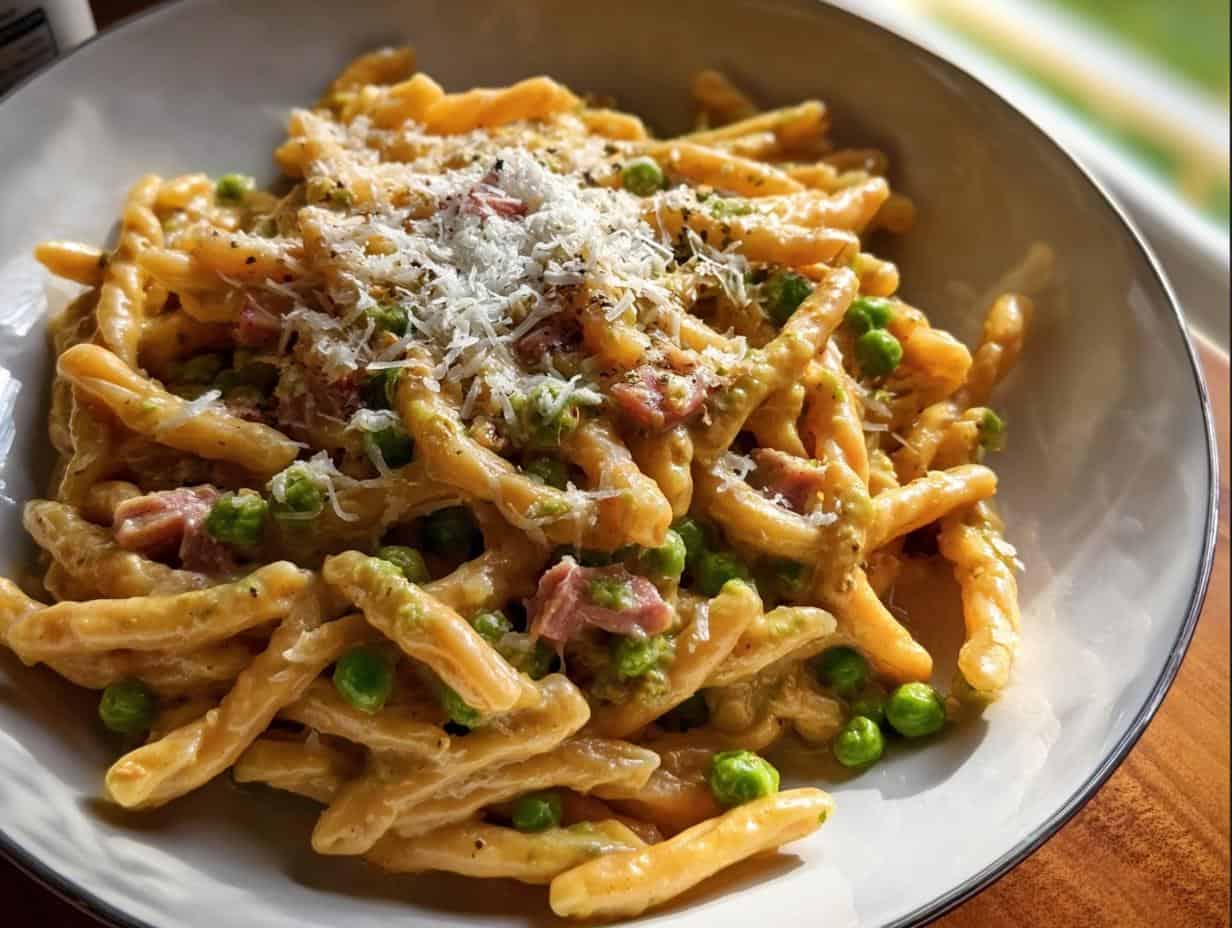 Nudeln mit Schinken-Erbsen-Sauce: 3 Zutaten, 1 Glück