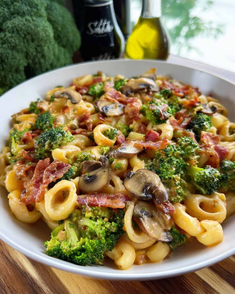 Pasta Pfanne mit Brokkoli Champignons und Speck - detail 2