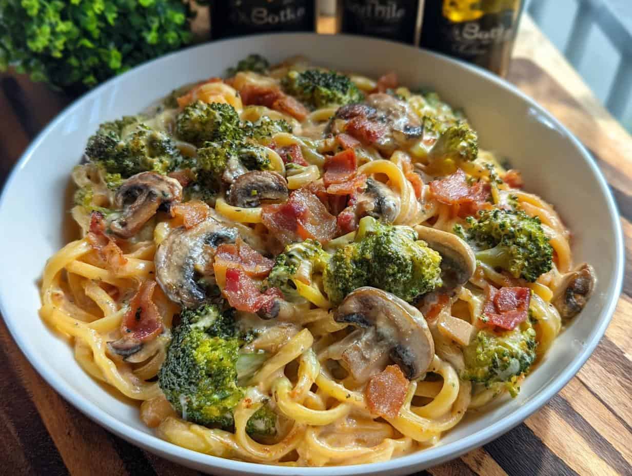 Pasta Pfanne mit Brokkoli Champignons und Speck