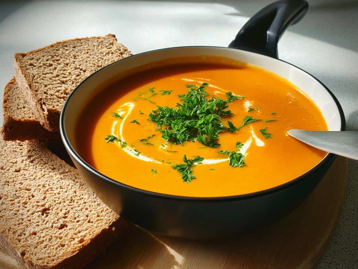 Klassische Kürbissuppe mit Vollkornbrot