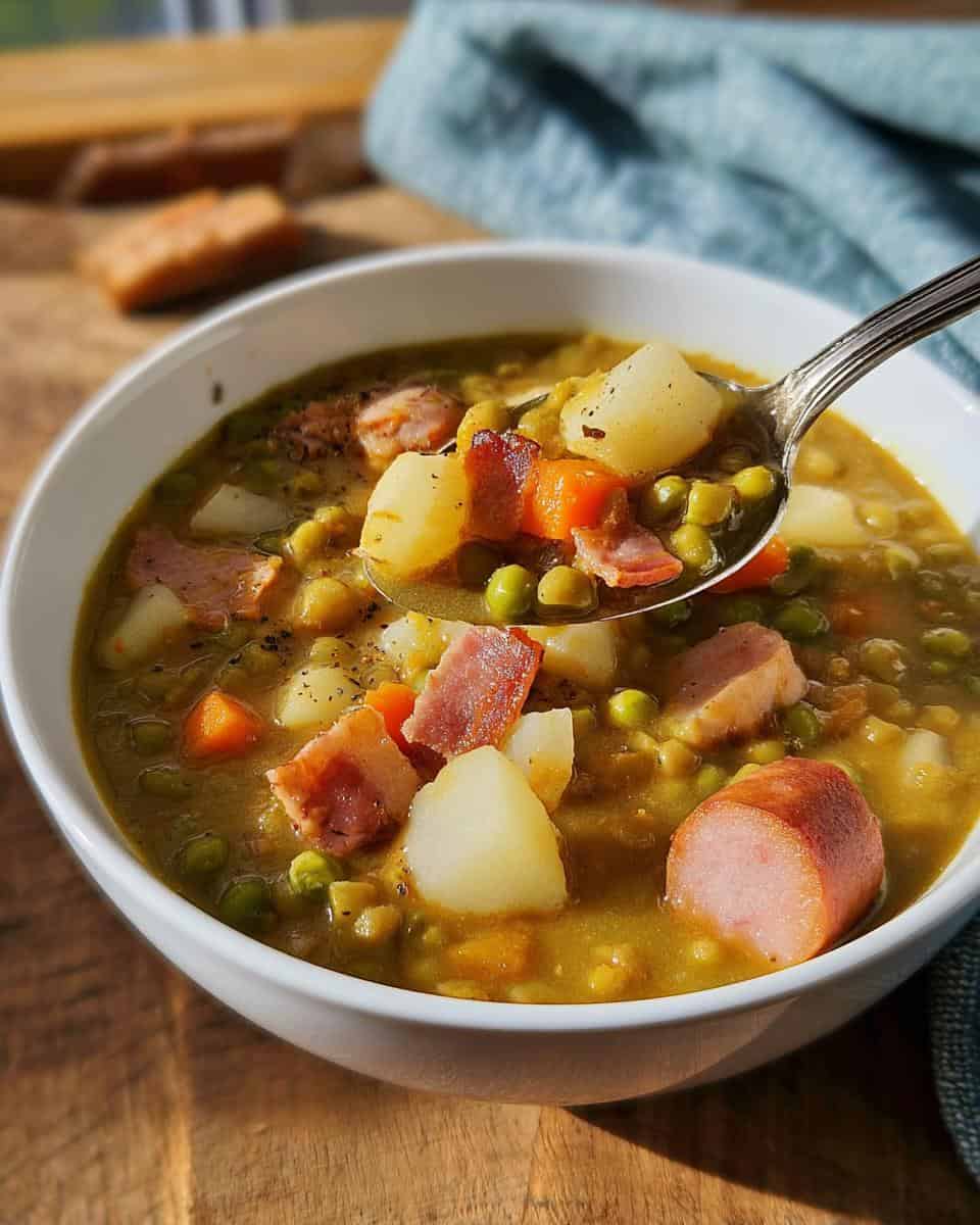 Klassischer herzhafter Erbseneintopf mit Speck und Würstchen - detail 1