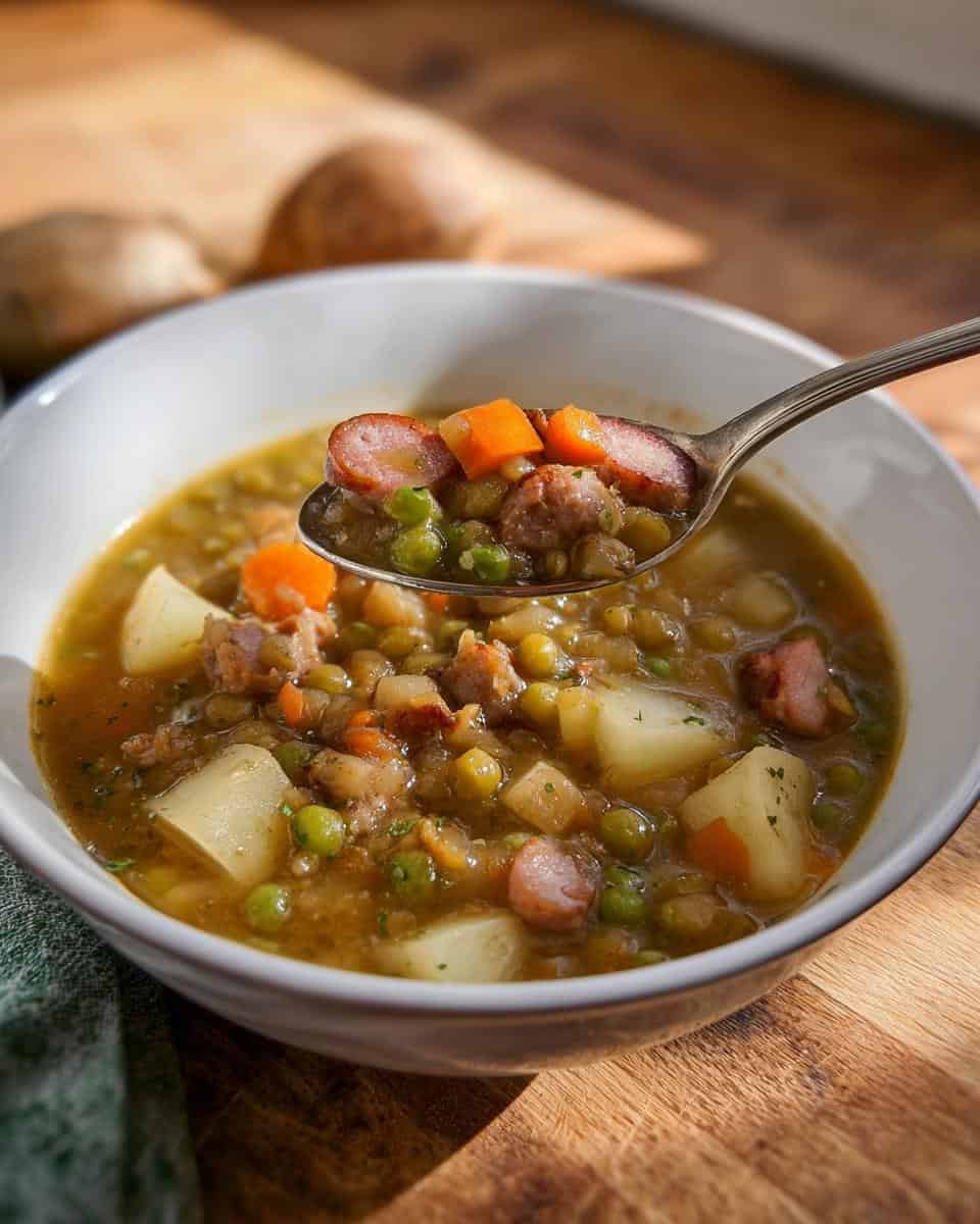 Klassischer herzhafter Erbseneintopf mit Speck und Würstchen - detail 2