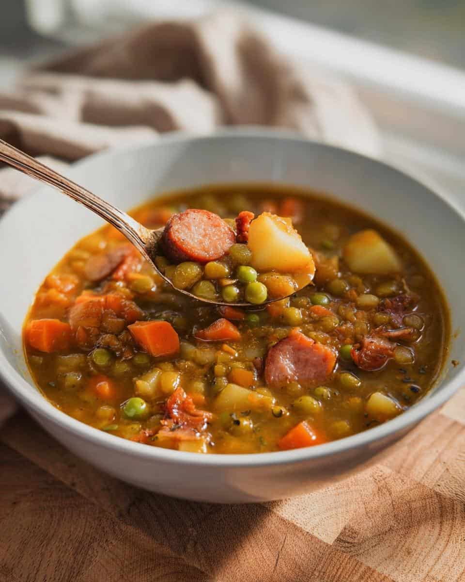 Klassischer herzhafter Erbseneintopf mit Speck und Würstchen - detail 3