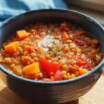 Vegetarischer Bauerntopf mit Linsen und Paprika