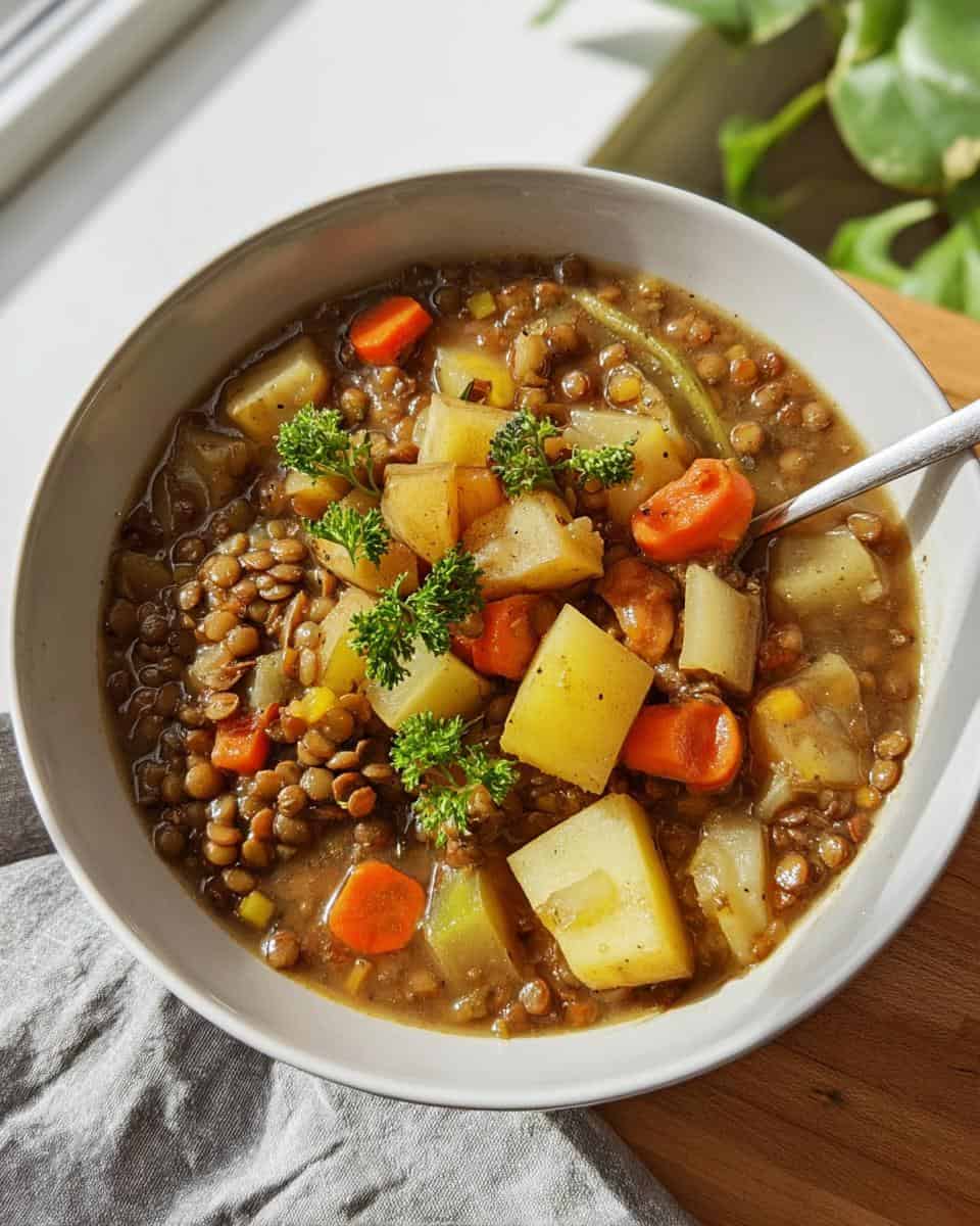 Vegetarischer Linseneintopf mit Kartoffeln und Karotten - detail 1
