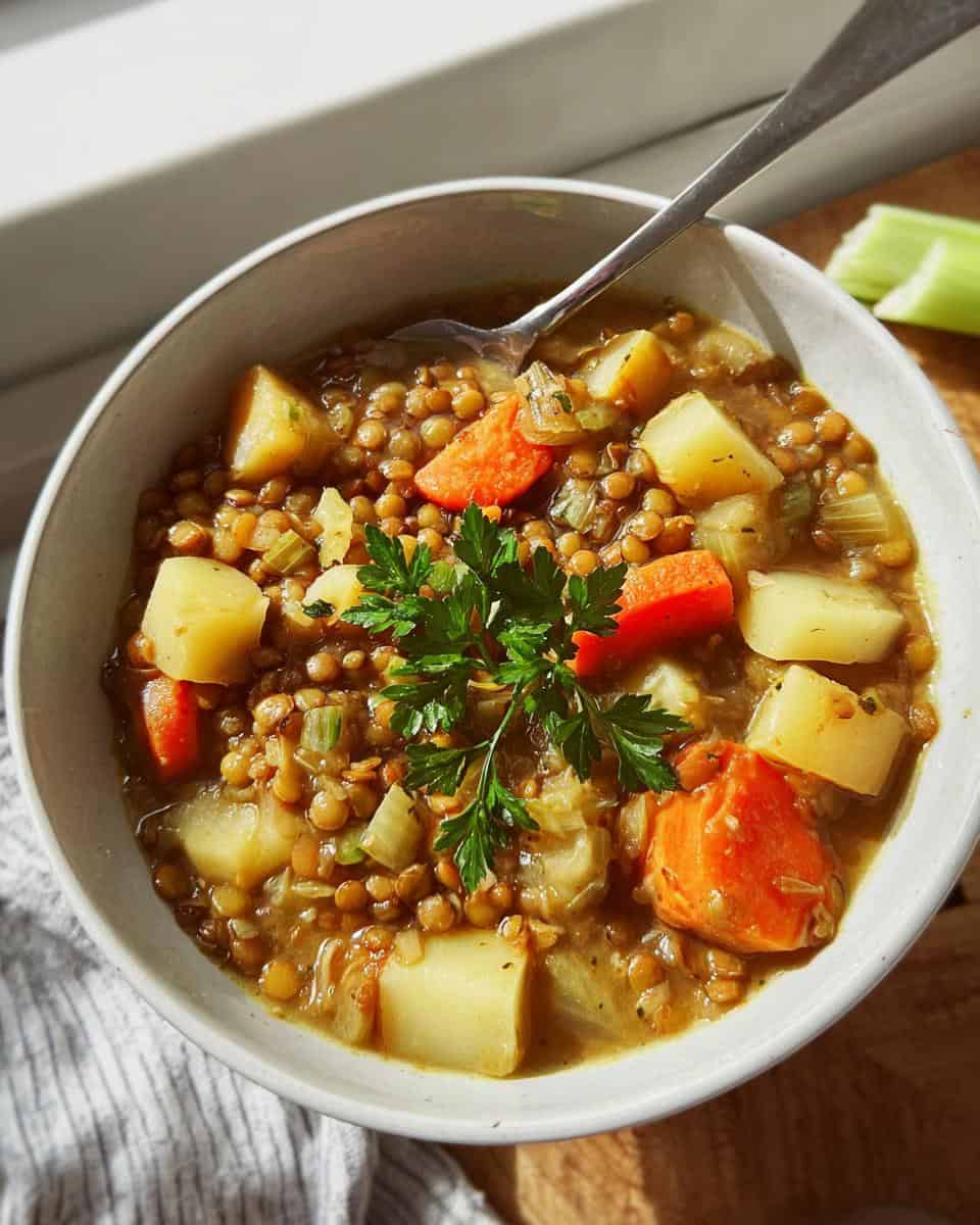 Vegetarischer Linseneintopf mit Kartoffeln und Karotten - detail 2