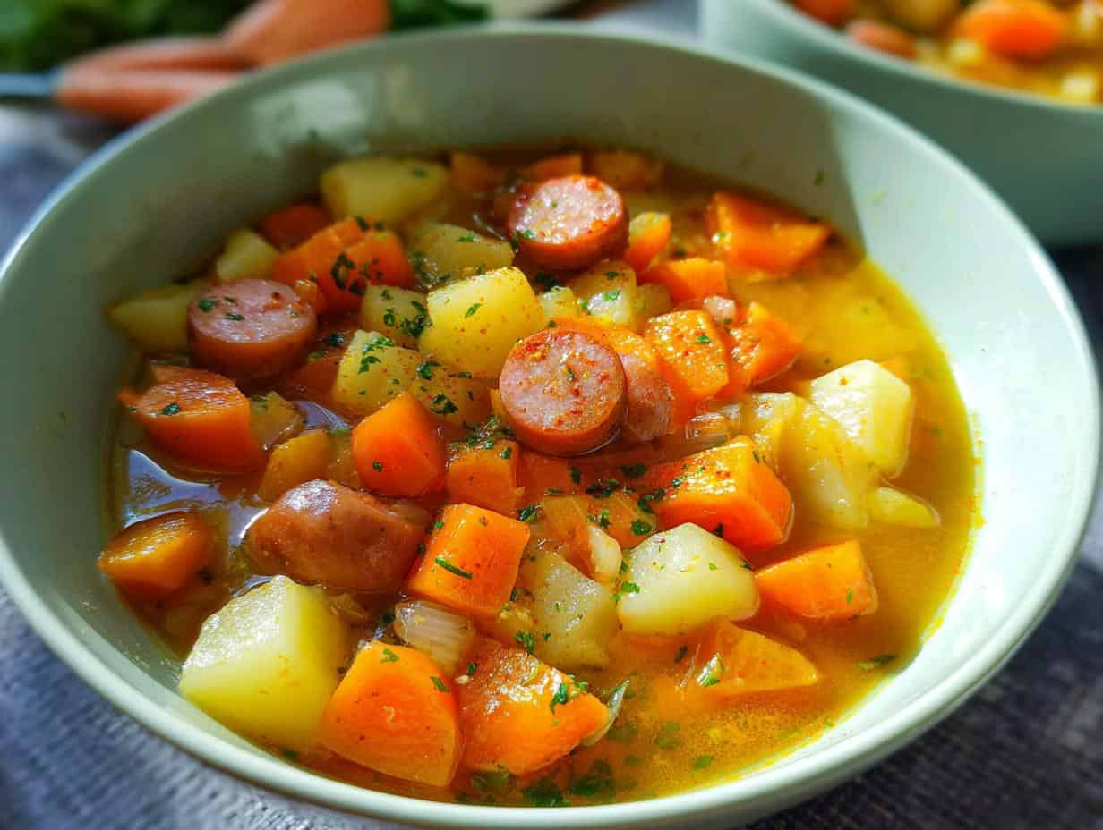 Möhreneintopf mit Würstchen: 30 Min Glücklich