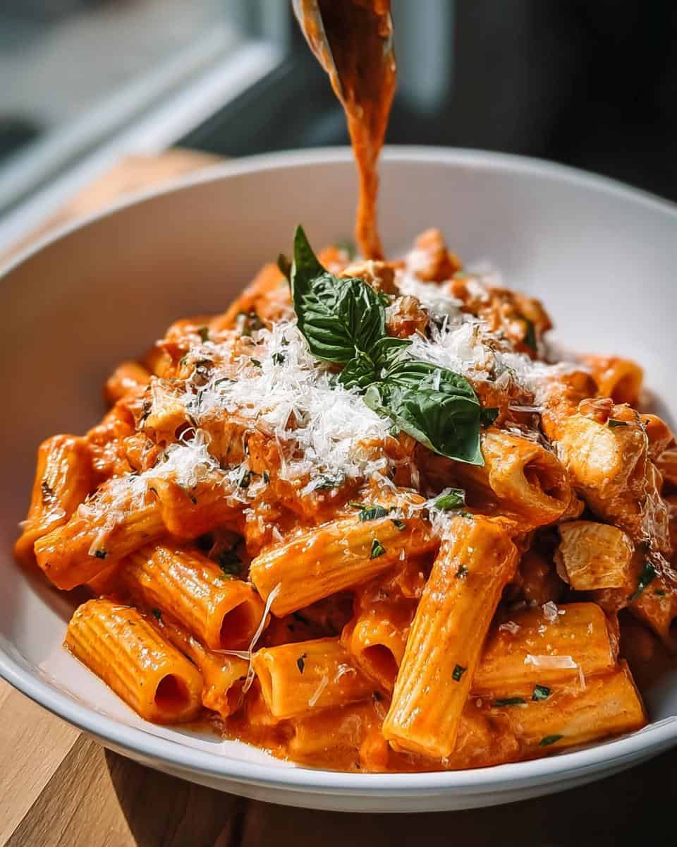 Rigatoni mit cremiger Tomatensauce und Hähnchen: - detail 2