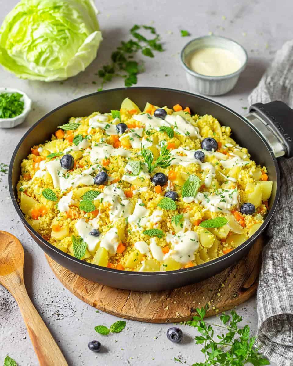 Veganer Couscous Salat mit Heidelbeeren und Tahini Dressing - detail 1