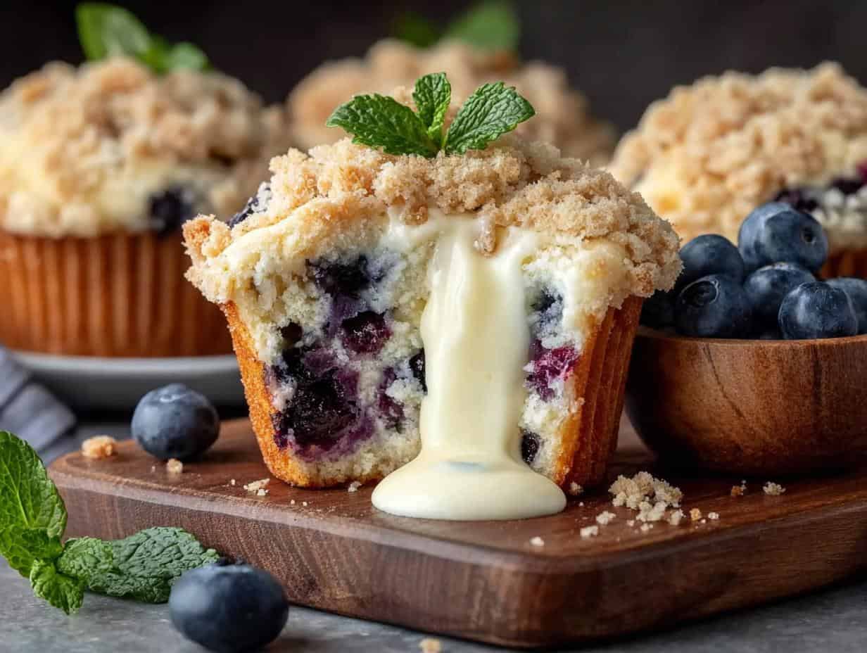 Verdammt leckere Blaubeer-Cheesecake-Muffins mit Streuseln!