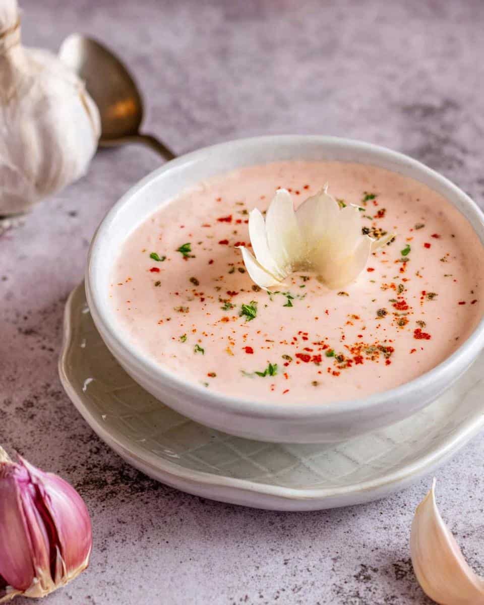 Einfache Knoblauchsoße mit griechischem Joghurt und Mayonnaise - detail 3