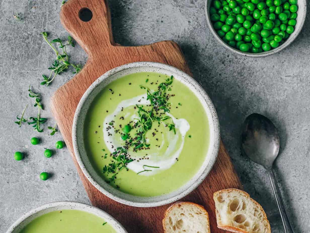Vergiss die traurige Einfache cremige Erbsensuppe aus gefrorenen Erbsen