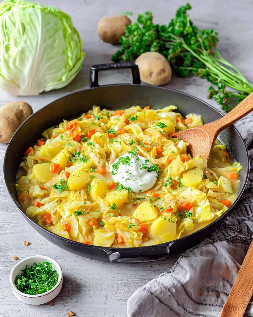 Einfache vegetarische Spitzkohlpfanne mit Kartoffeln - detail 1