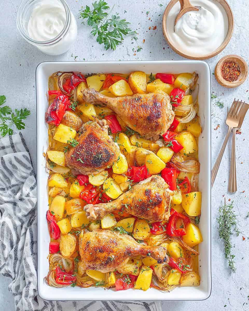 Hähnchenschenkel im Ofen mit Kartoffeln Paprika Zwiebeln und Sour Cream - detail 1