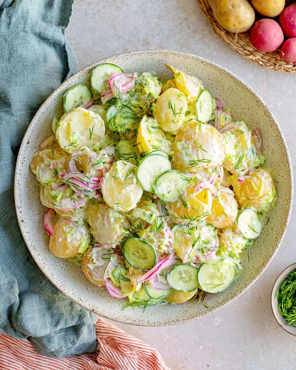 Kartoffelsalat ohne Mayonnaise mit Joghurt und Gurke - detail 1