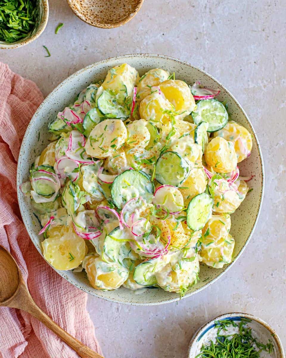 Kartoffelsalat ohne Mayonnaise mit Joghurt und Gurke - detail 2