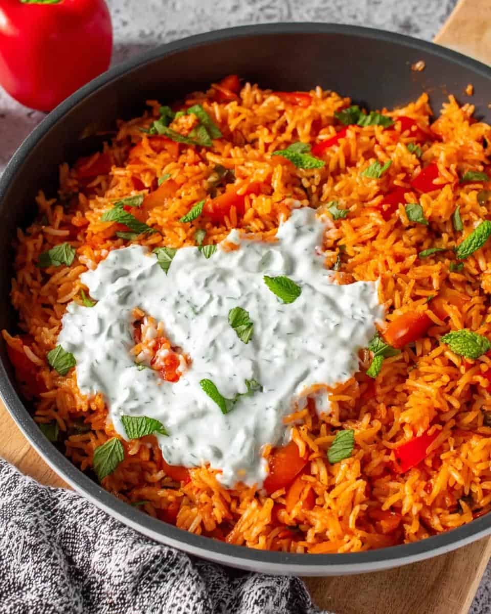 Schnelle vegetarische Paprika-Reis-Pfanne mit Joghurtsosse - detail 2