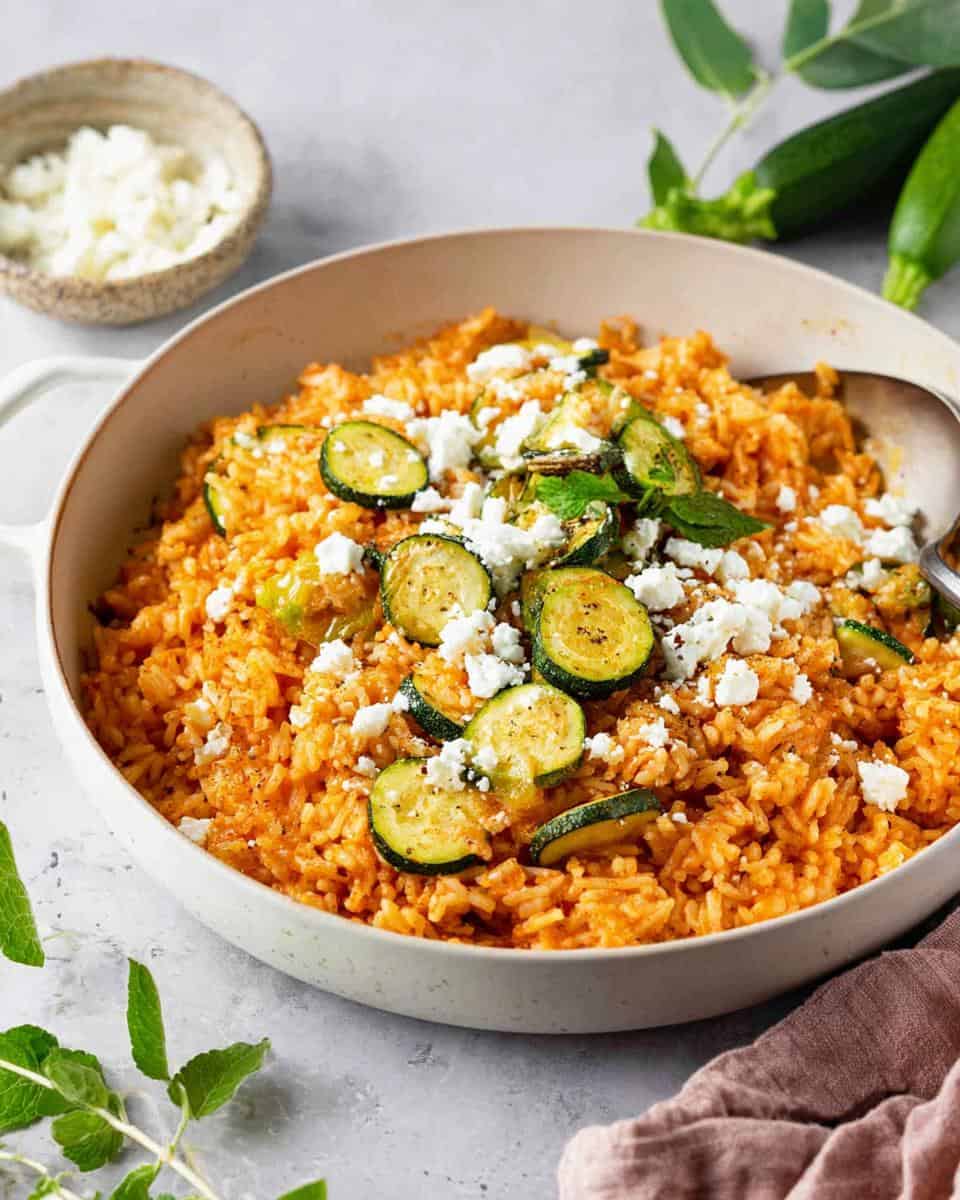 schnelle vegetarische Zucchini Reis Pfanne mit Feta - detail 1
