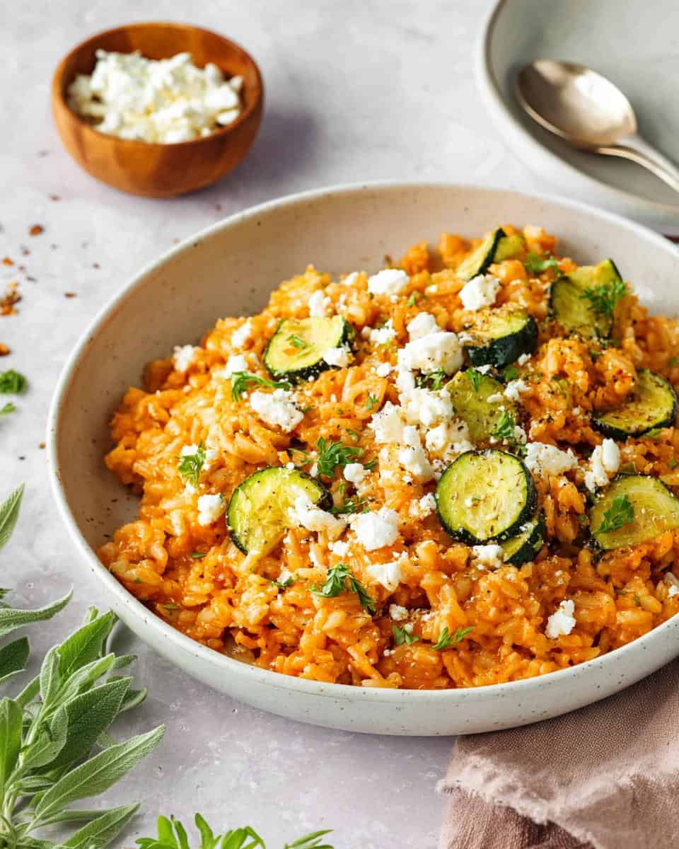 schnelle vegetarische Zucchini Reis Pfanne mit Feta - detail 2