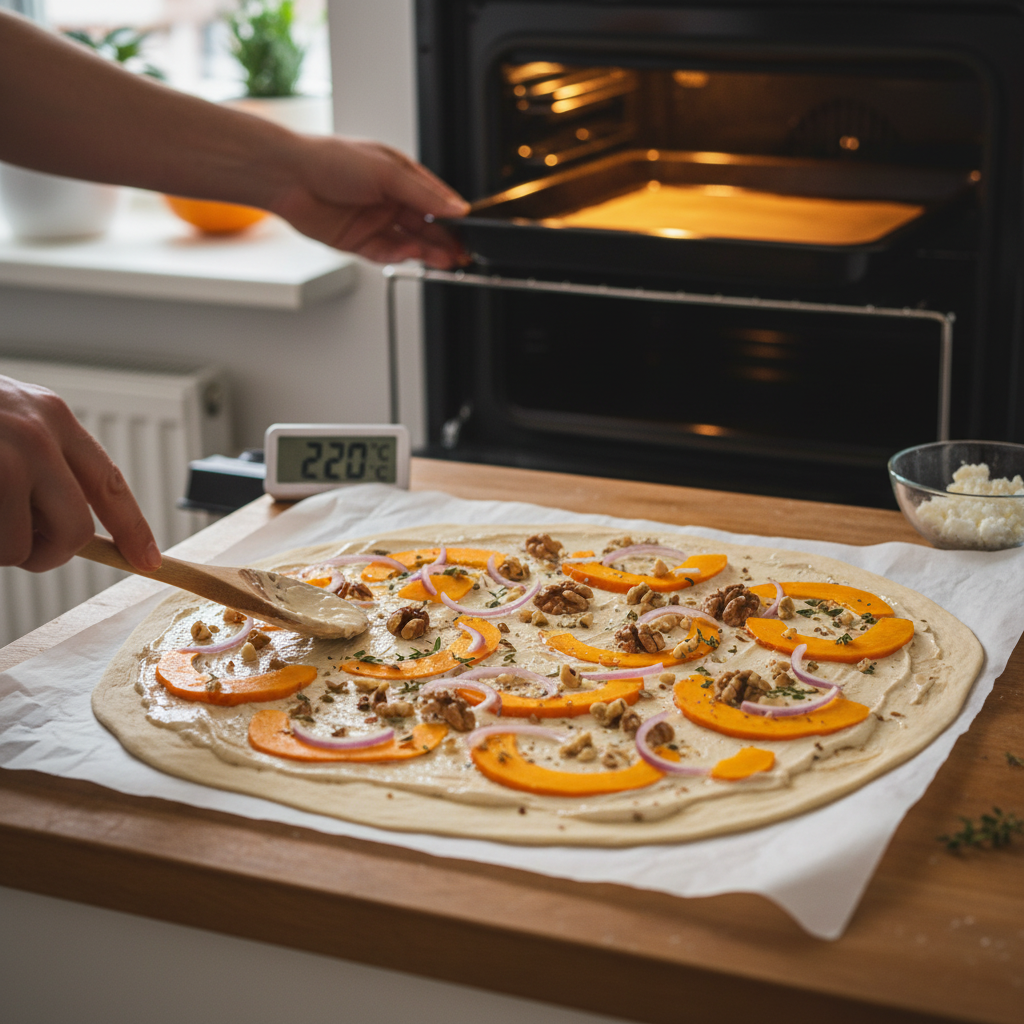 Kürbis Flammkuchen mit Feta und Walnüssen
 — first cooking stage
