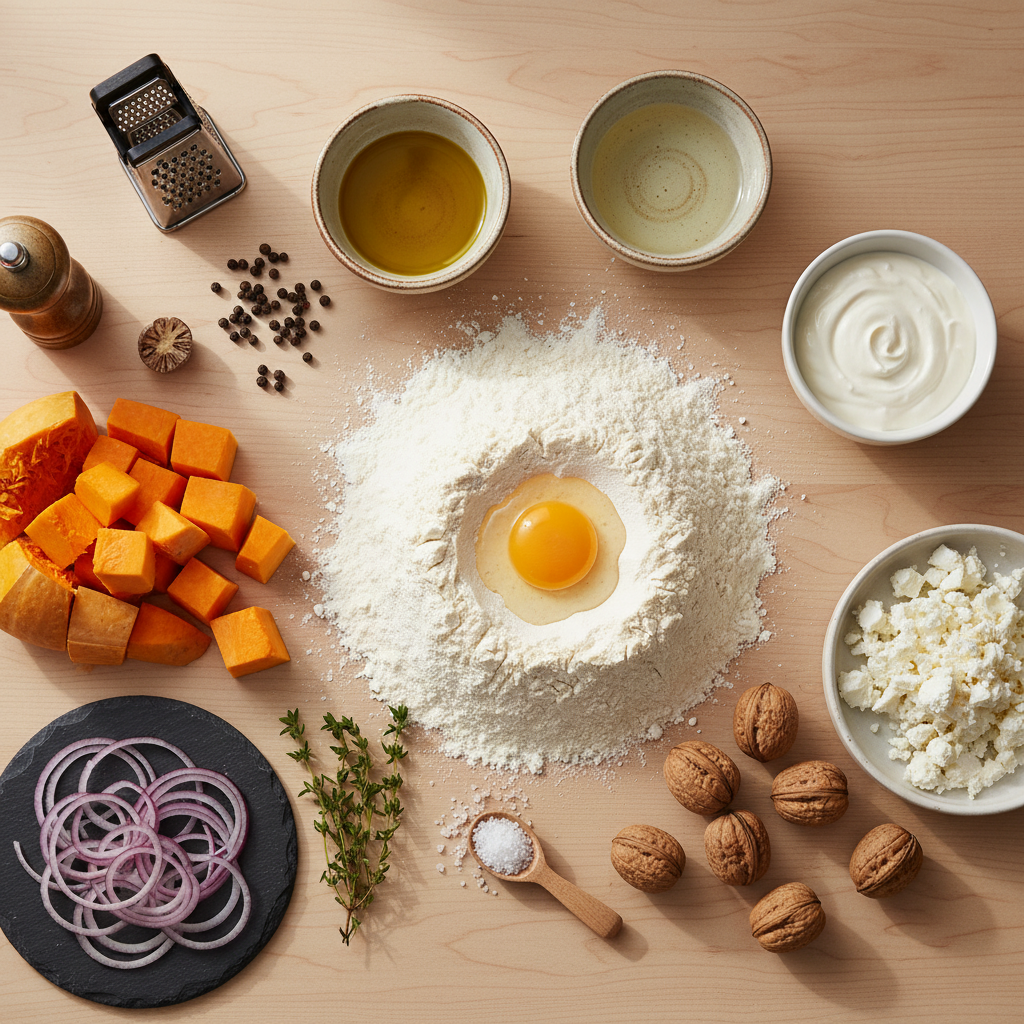 Kürbis Flammkuchen mit Feta und Walnüssen
 — ingredients