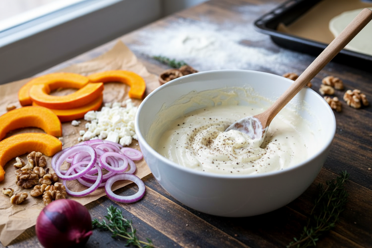 Kürbis Flammkuchen mit Feta und Walnüssen
 — mid cooking stage